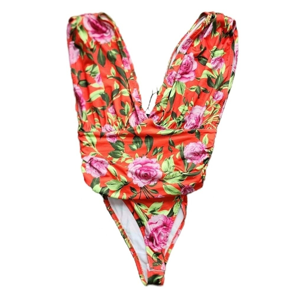 Zara NWT Red Floral Rose Deep V-Neck Ruched Bodysuit Womens Medium